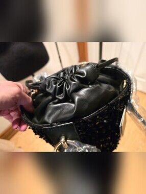 NWT! Badgley MISCHKA BUCKET BAG! Black Sequence Drawstring Crosbody Bag